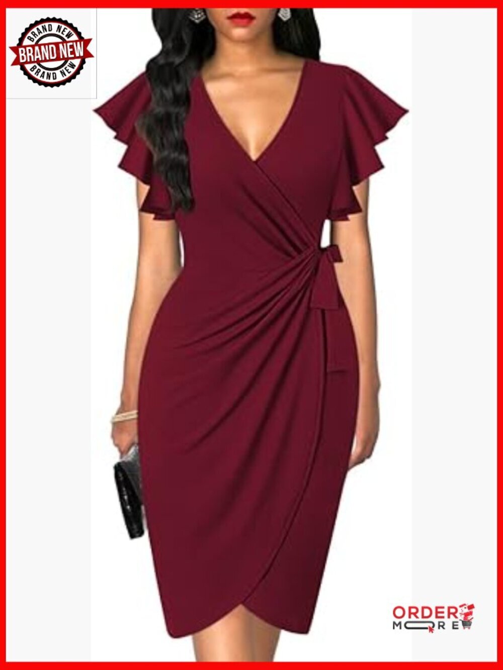 Deep V Neck Ruffle Sleeve Faux Wrap Sheath Dress, Work Party Cocktail Dress
